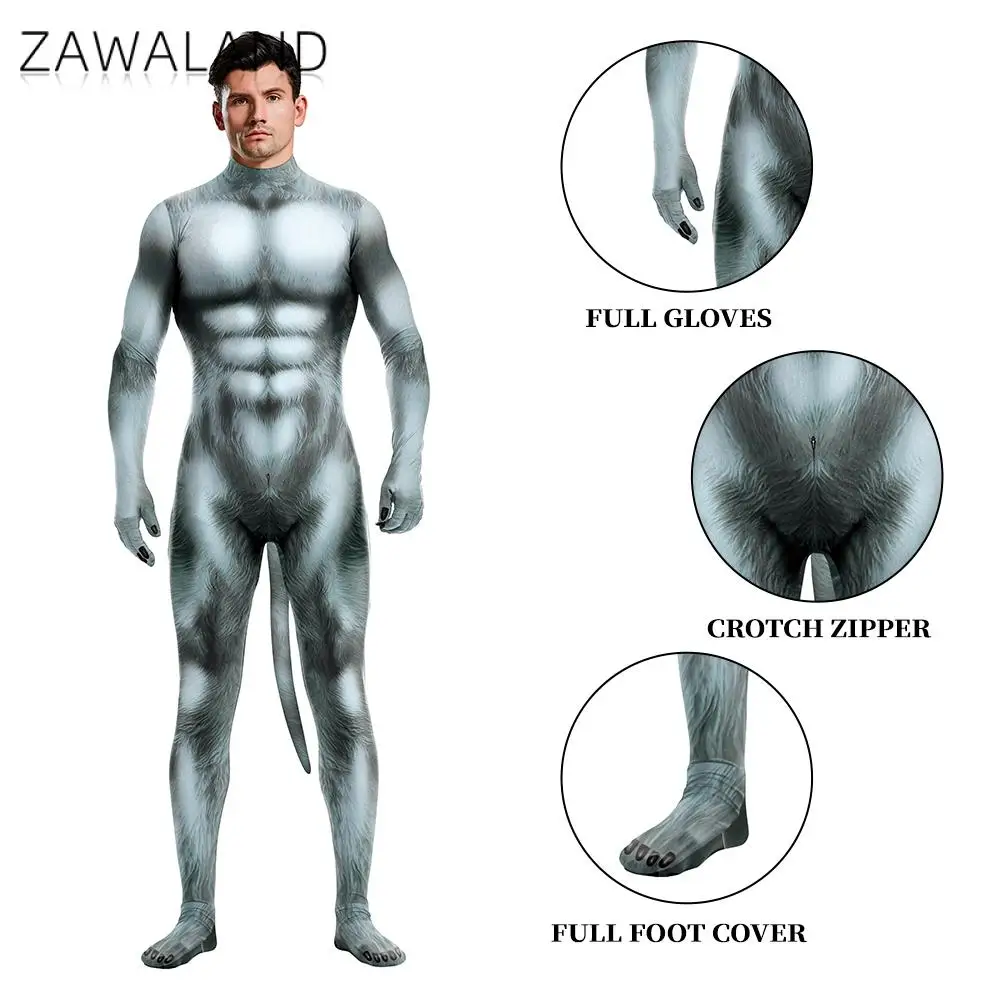 Zawaland 5 Colori Petsuits con Coda Uomo Abs Stampa Costume Animale Nero Blu Verde Grigio Marrone Tute complete Cerniera sul cavallo Zentai