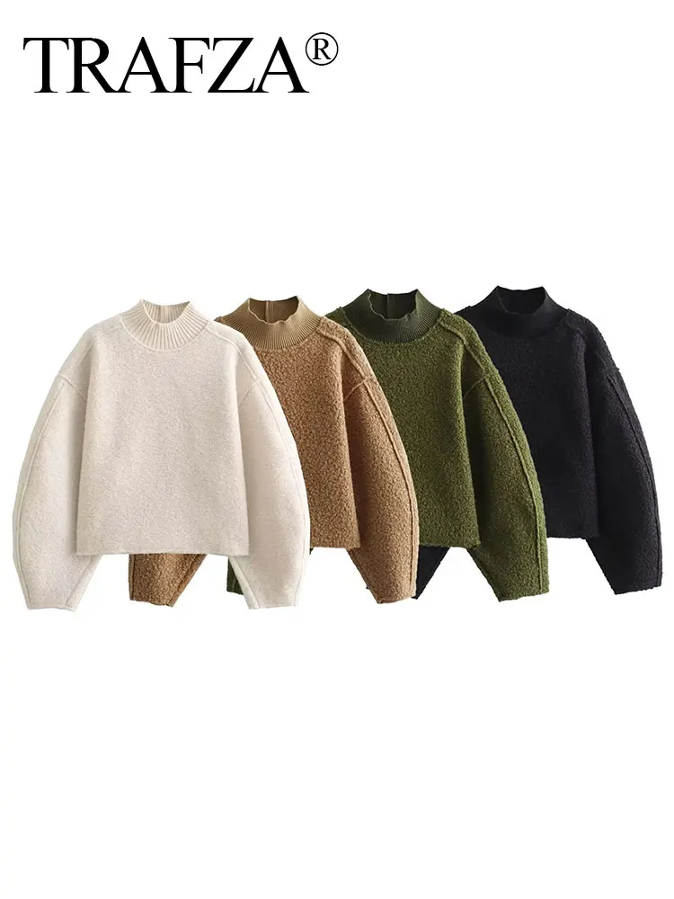 TRAFZA Women Fashion Patchwork Pullover Sweater Loose Turtleneck Long Sleeve Woman Elegant Solid Sweatshirts Casual Streetwear