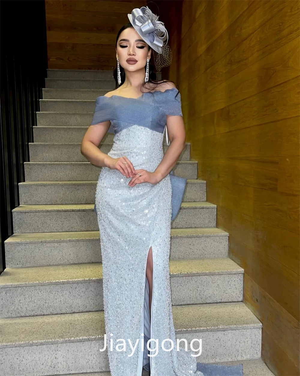 Jiayigong High Quality Simple Off-the-shoulder Sheath Evening Dresses Paillette Vertically Satin Custom Dress