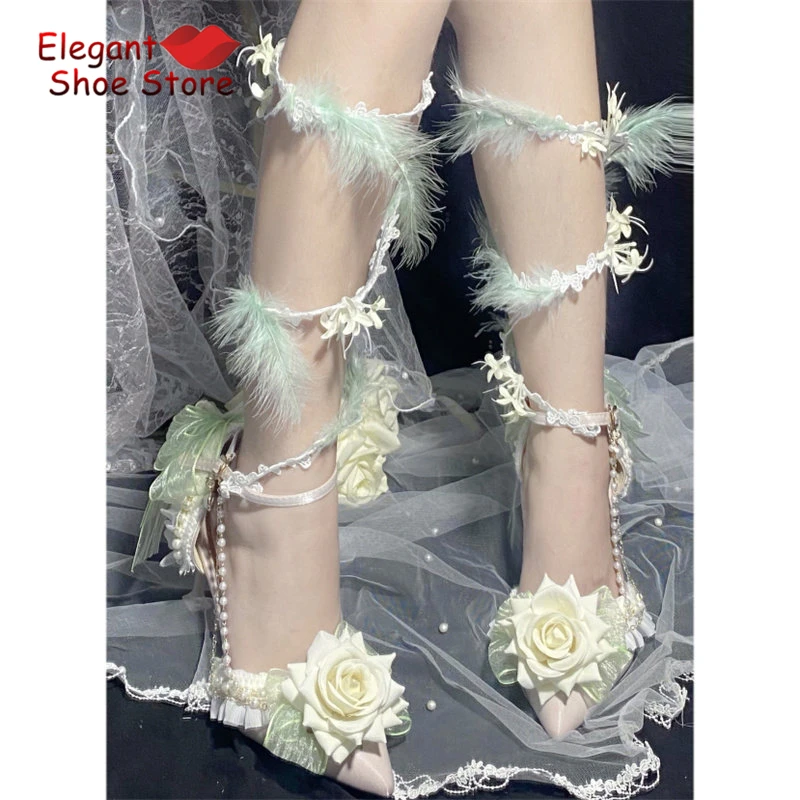Elegant Fairy Feather Wrapped Strap High Heels Rose Decor Satin Pearl Chain Ankle Buckle Women Sandals Party Wedding Dress Shoes