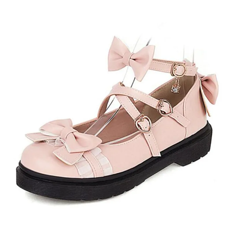 

Girls Shoes Cross Strap Women Low Heels Mary Jane Shoes Wedding Party White Pink Ruffles Bow Princess Cosplay Lolita Shoes 33-43