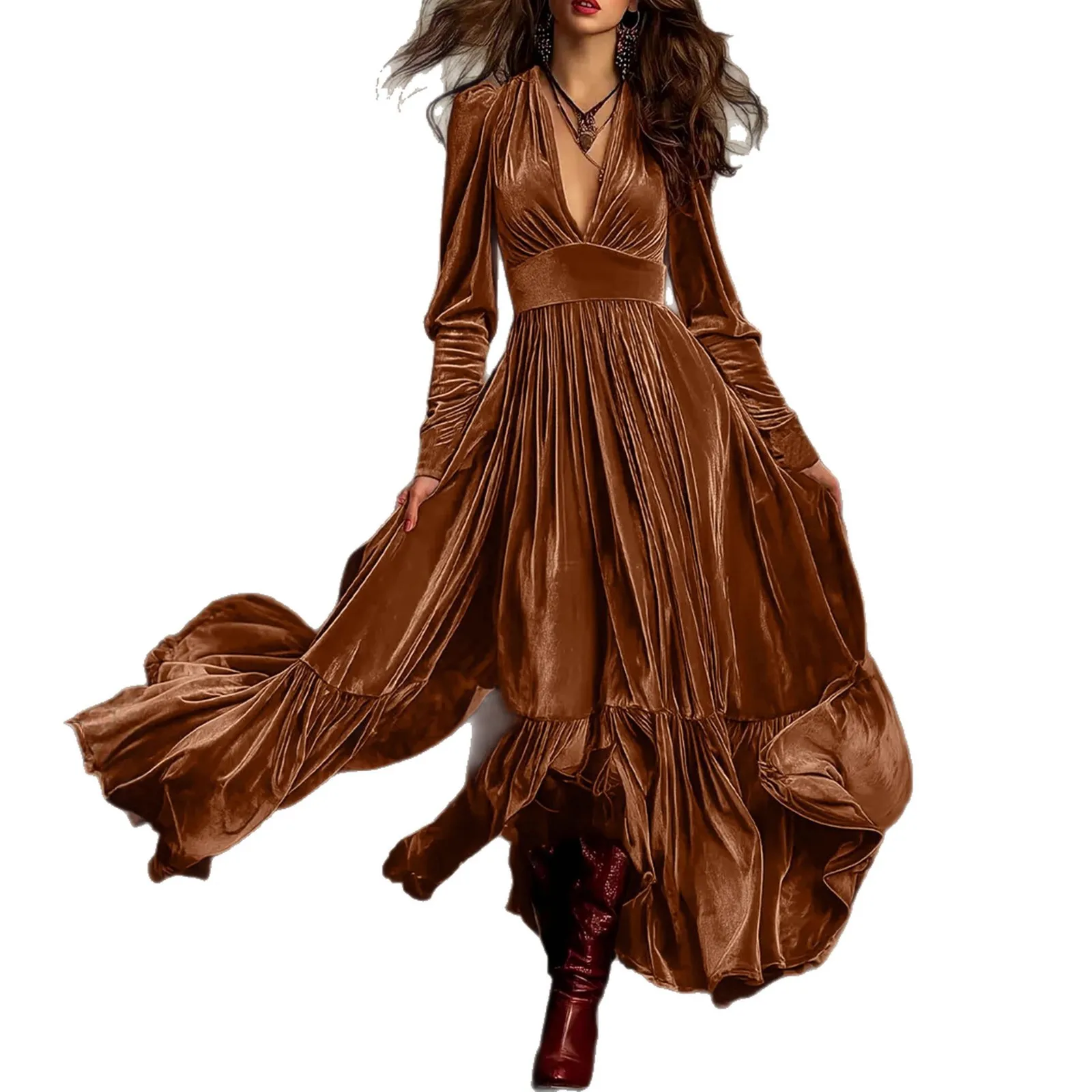 

Осень/зима 202, новое европейское и американское ретро-высококачественное бархатное платье с v-образным вырезом и рюшами, пышная юбка