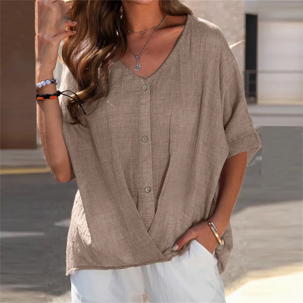 Summer Casual Solid Color Linen Cotton Blouse Women Elegant V Neck Short Sleeve Shirt Fashion Ladies Top and Blouses Streetwear