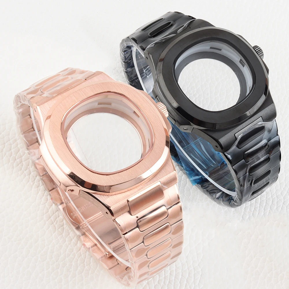 

Silver/Rose Gold/Black 40mm Watch Case 25mm Strap Set Stainless Steel Bracelet for Nautilus 29.8mm Dial NH35 NH36 NH38 Movement
