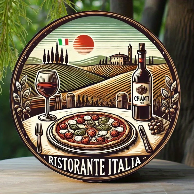 Plano 2D, 1 pieza de arte de pared de metal de cocina italiana, letrero redondo de hierro de 20,32x20,32 cm con diseño de botella de pizza, vino y Chianti, Ki rústico