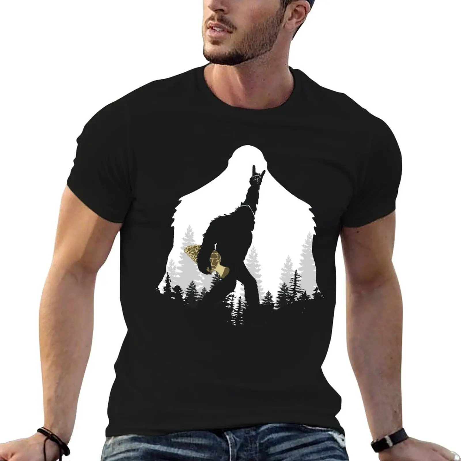 

Bigfoot With Morel Mushroom Hunting T-Shirt mens graphic t shirts funny t shirts cotton T-Shirt