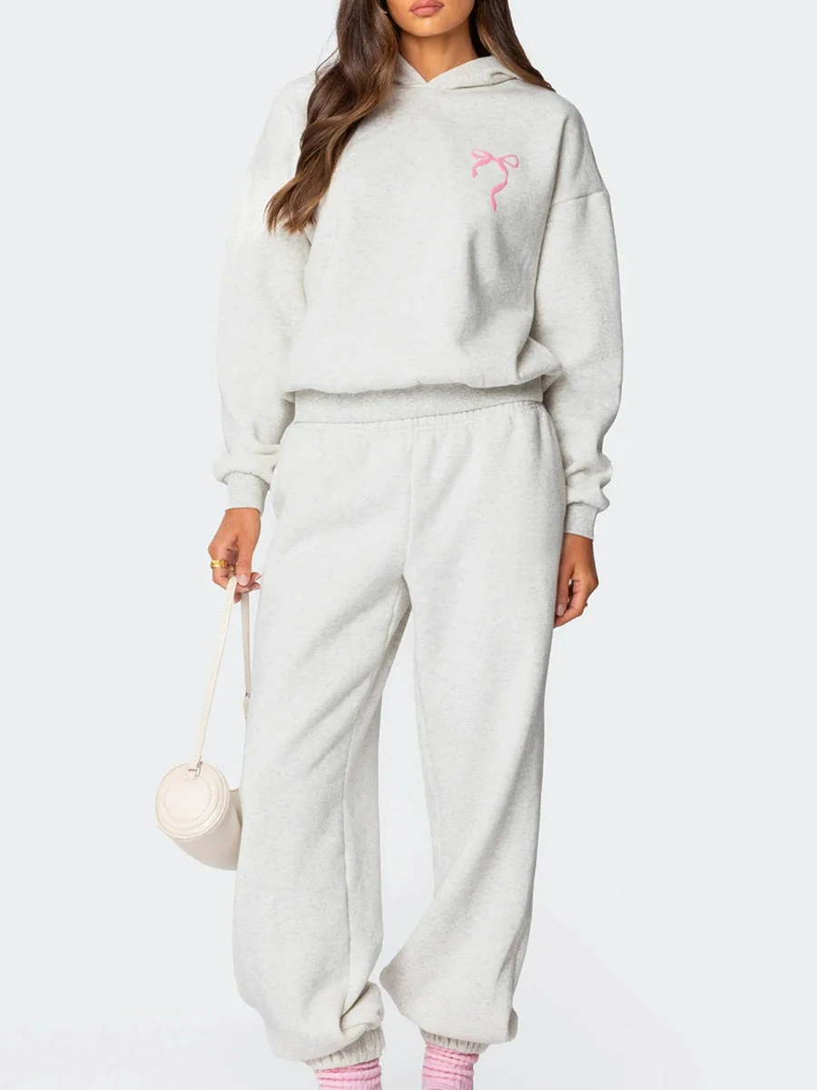 

GuliriFei Women's 2 Piece Casual Outfits Long Sleeve Bow Embroidery Hoodies Solid Color Elastic Waist Pants Sets