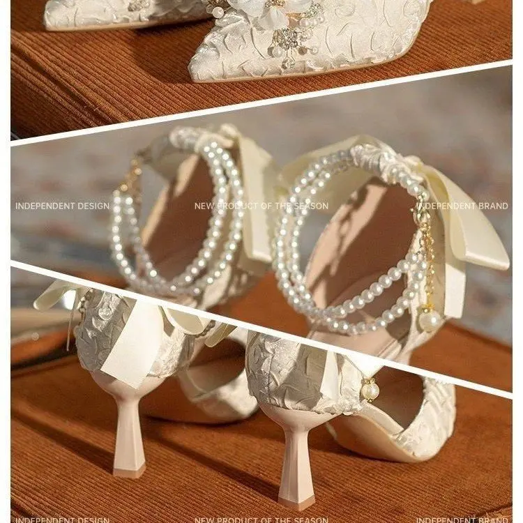 White Pearl Chain Bridal Shoe Wedding Shoes for Women Luxury Designer Mary Jane Elegant Woman Pointed Toe Sandals High Heels