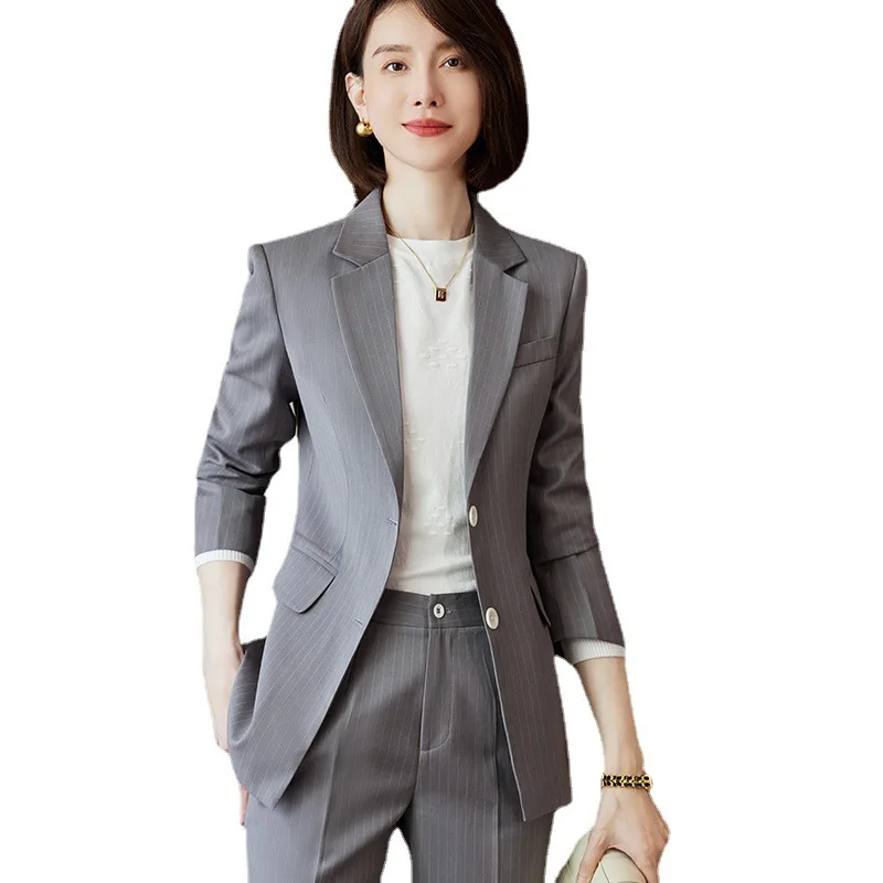 

2023 Autumn Spring Gray Blue Striped Elegant Ladies Suits Formal Set Pants And Blazer Uniform Business Women Office Work Wear