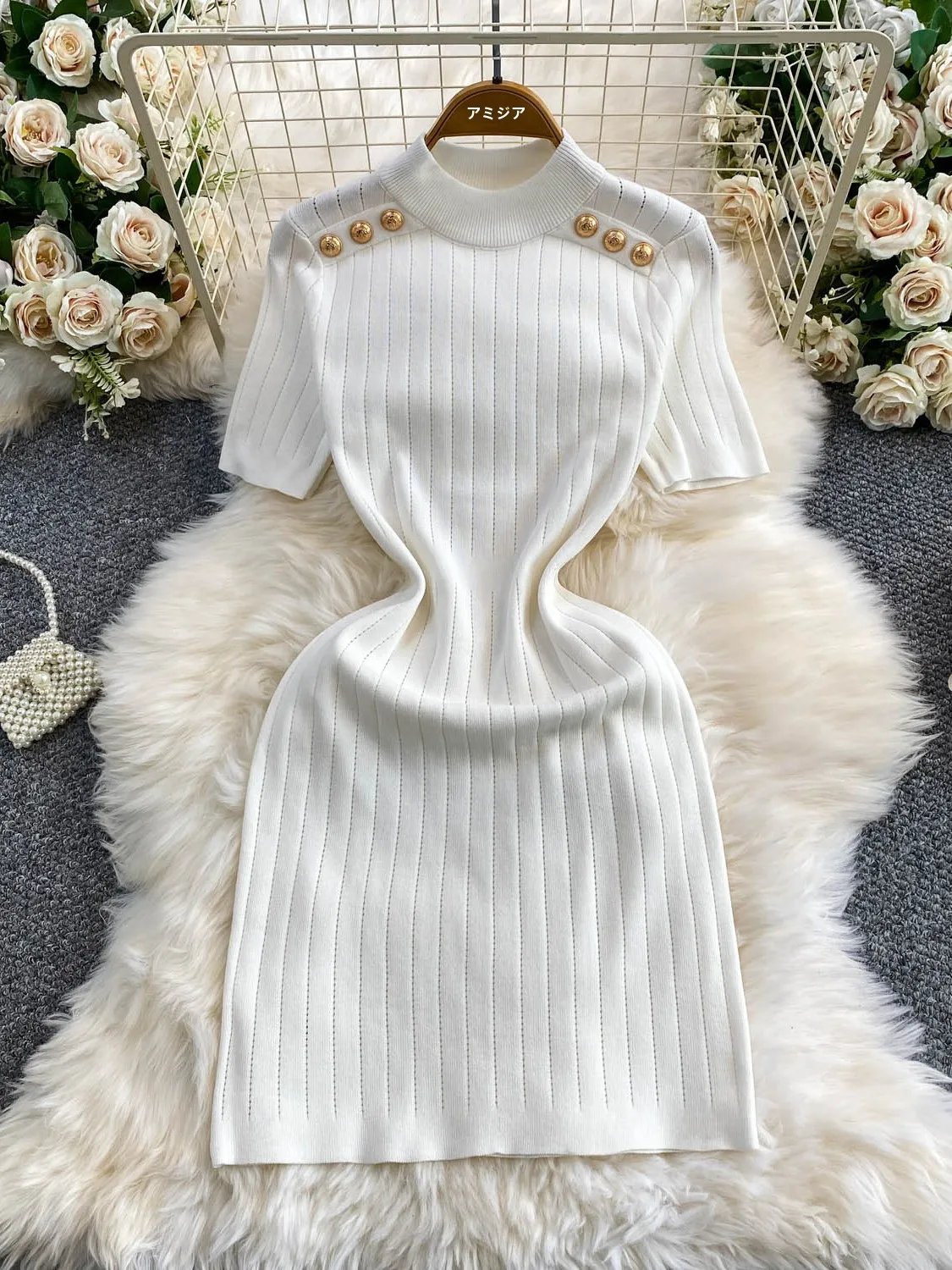 Korean Style Semi-High Collar Knitted Dress Women's Slim Fit Short Skirt Summer Stripe Pattern Fashionable Commute Wear