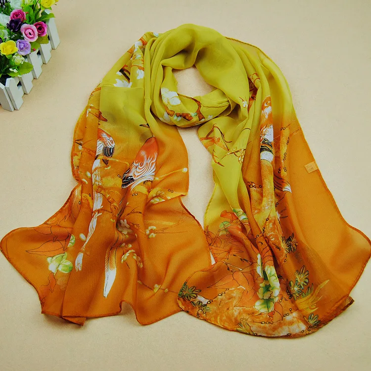 Gorgeous Flower Bird Printed Chiffon Scarves for Women Elegant Ethnic Style Chinese Traditional Hanfu Clothing Accessories Gifts