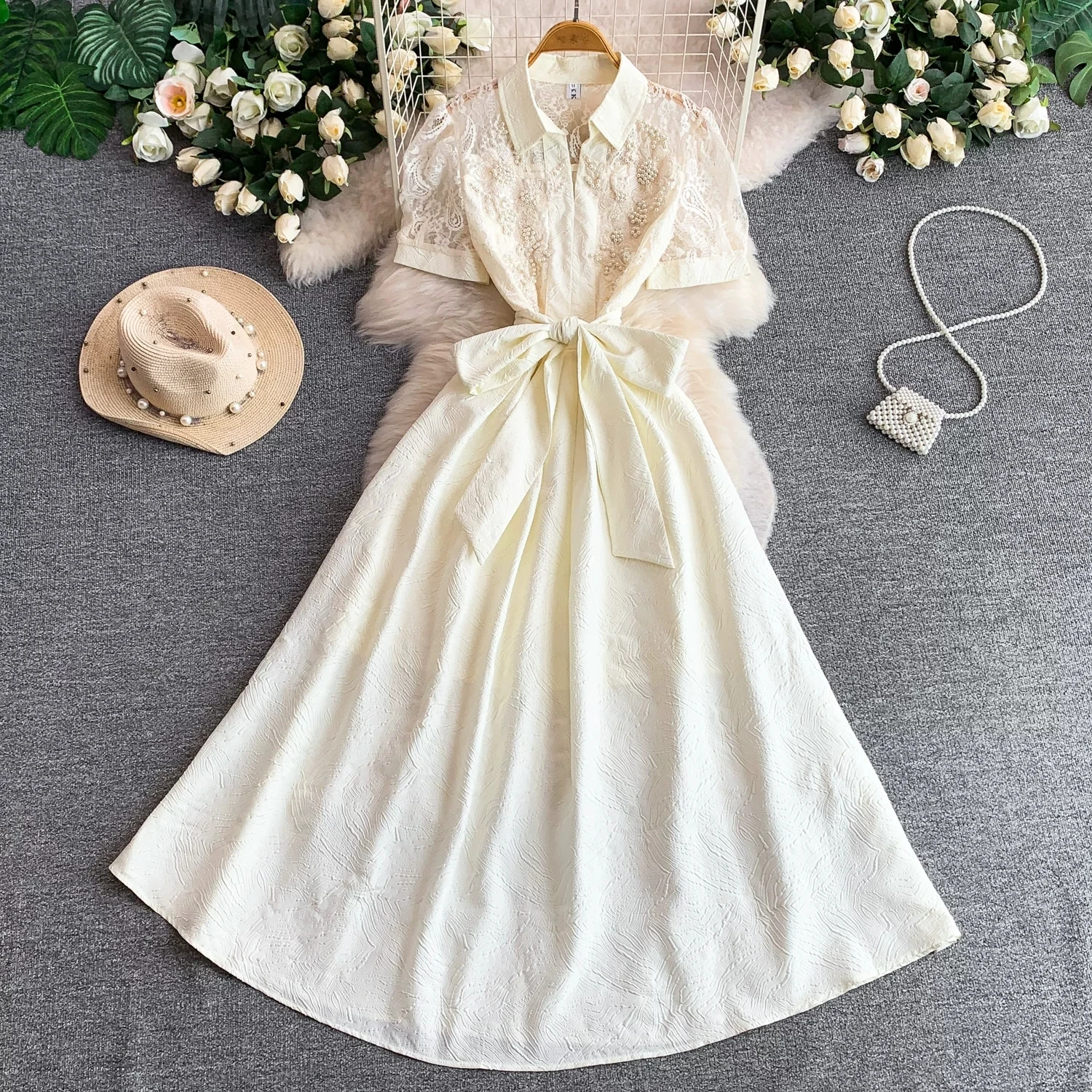 

Summer Holiday Flower Embroidery Lace Prom Long Dress Women Lapel Puff Sleeve Crystal Beaded Embroidery Belt Lady Party Vestido