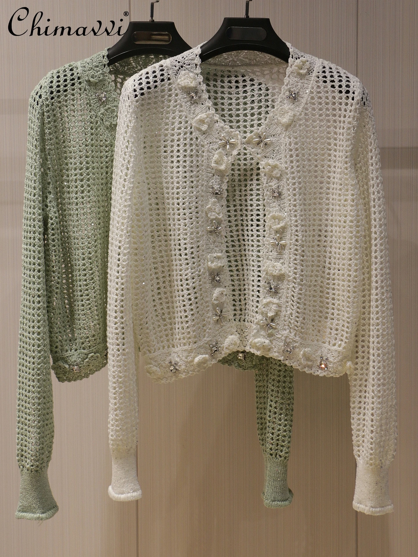 

2025 Summer High-end Heavy Rhinestone Hollow Knitted Cardigan Fashion Diamond Light Luxury Long-sleeved Versatile Sweater