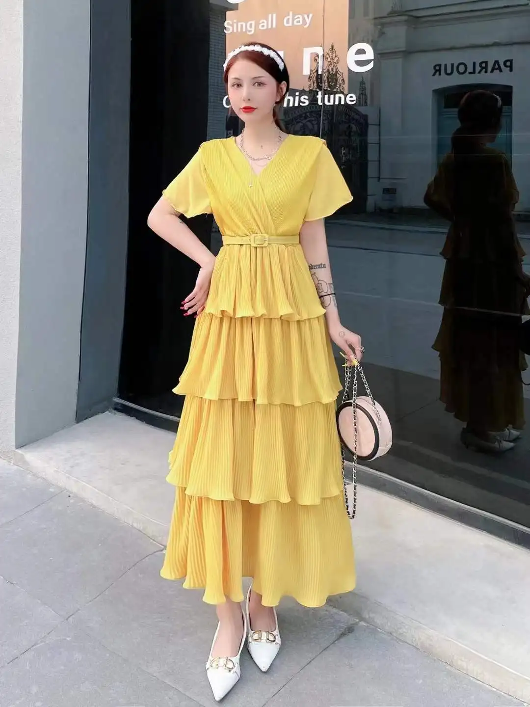 2024 New Summer Women V-Neck Short Sleeve Belt Slim Long Dress High Quality Sweet Four Layers Cake Hem Pleated Chiffon Dress