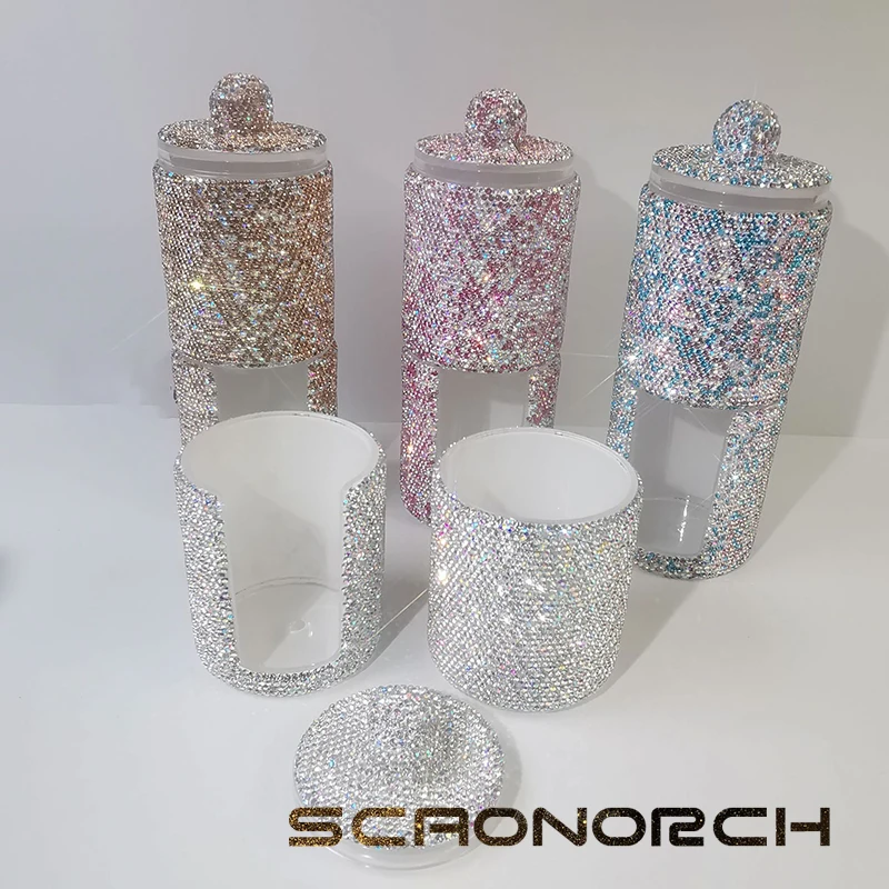 Sparkling Rhinestones Storage Box Acrylic Brush Organizer with Lid Cosmetic Bins Make Up Box Cotton Swab Storage cartridge