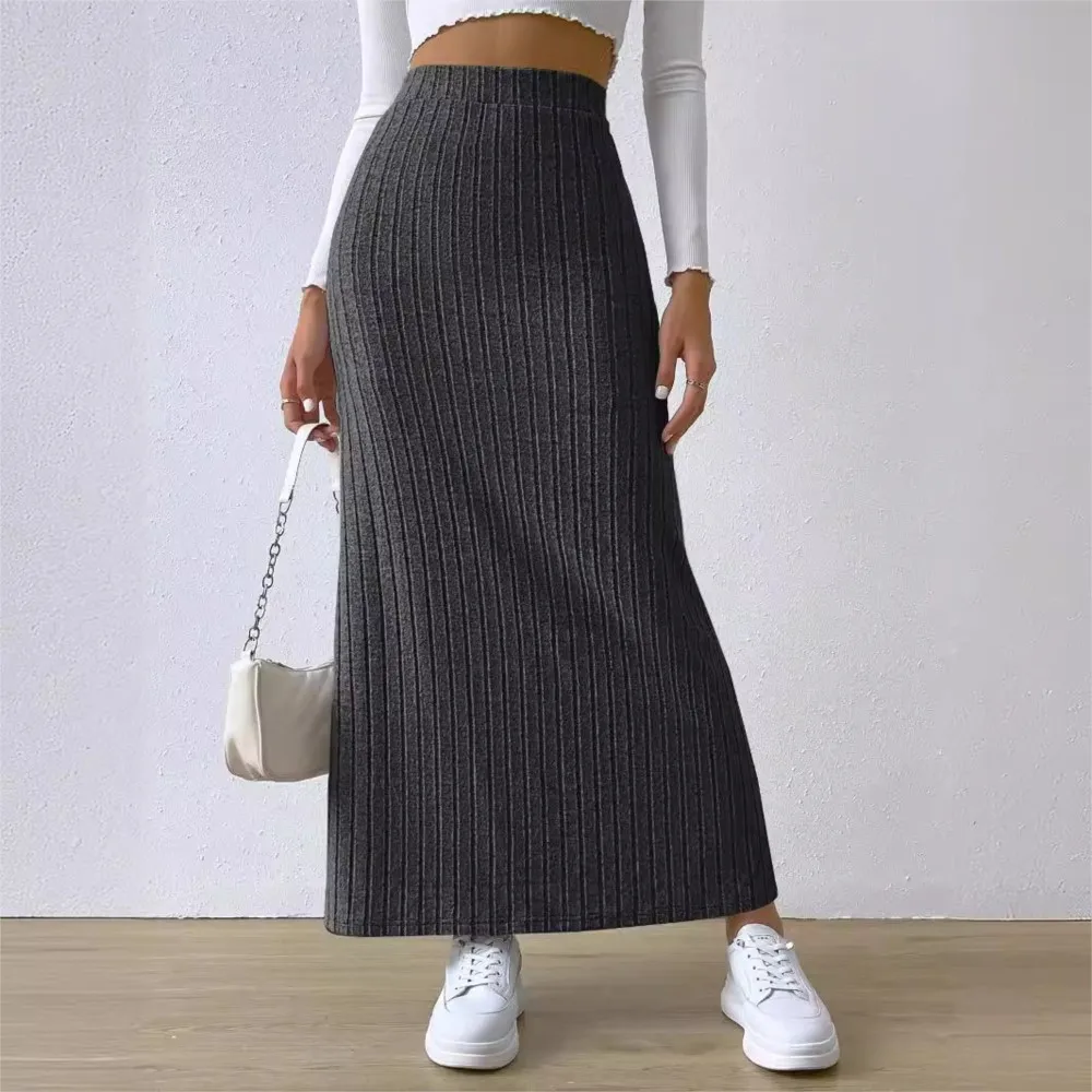 2024 Jesienna nowa dzianinowa długa spódnica z wysokim stanem dla kobiet Faldas Mujeres Office Lady Solid Color Casual Skirts — zdjęcie 4