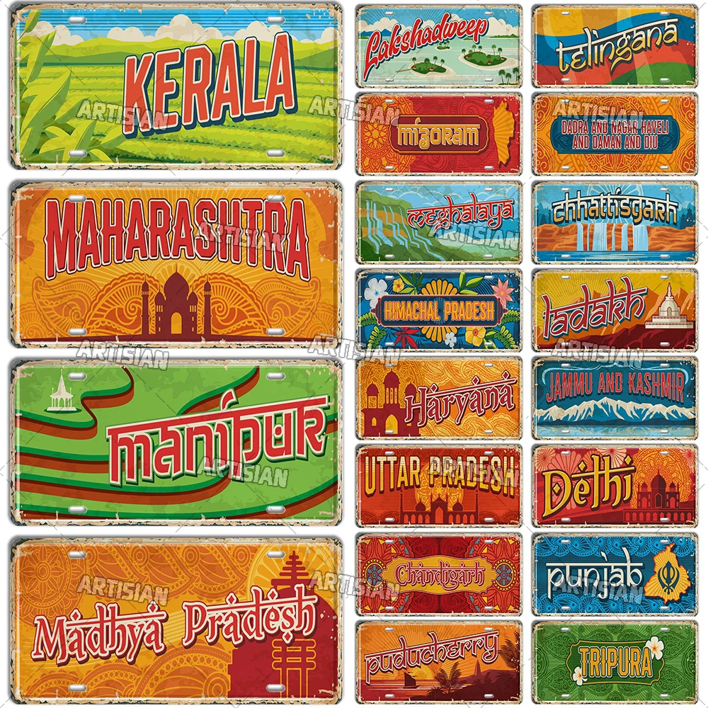 Artisian INDIA Ctiy State Province Metal Sign Landmark License Plate Travel Car Plate Decorative Tin Plaque Wall Decor Garage