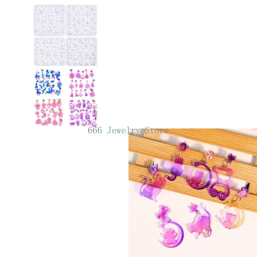 F2TD 4Pcs Artistic Christmas Earring Silicone Mold Christmas Holiday Inspired Silicone Earring Molds for Unique DIY Jewelry