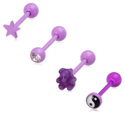 1/4pcs Purple Bear Yin-yangTongue Piercing Ring Barbell Cute Style Body Jewelry Decoration 14 Gauge