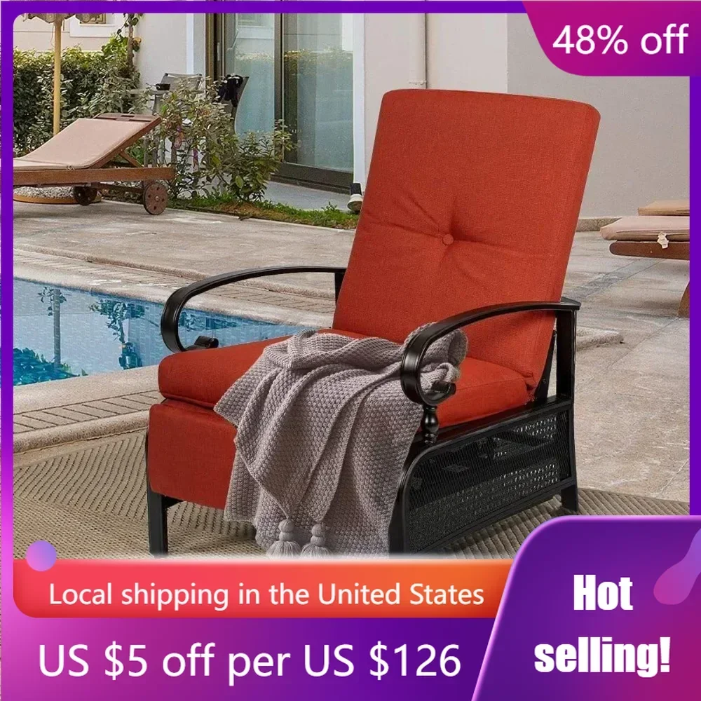 

Adjustable Outdoor Lounge Chair Metal Patio Relaxing Recliner Chair With Removable Cushions(Red) Leisure Chaise Longue Furniture