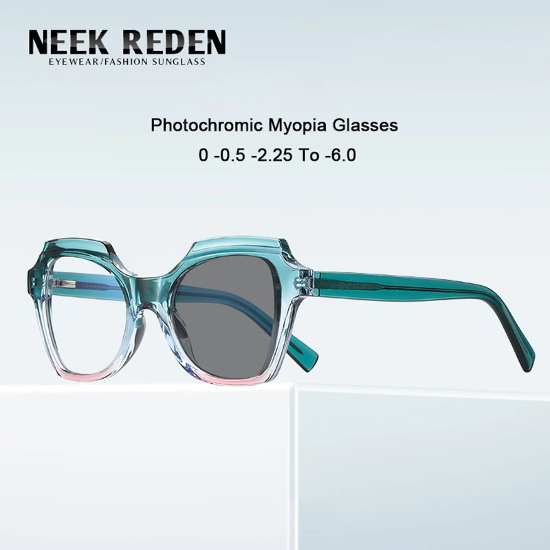 

Fashion Large Frame Photochromic Myopia Glasses Women Tr90 Blue Spring Leg Retro Nearsighted Eyelasses 0 -0.5 -0.75 -1.25 -6.0