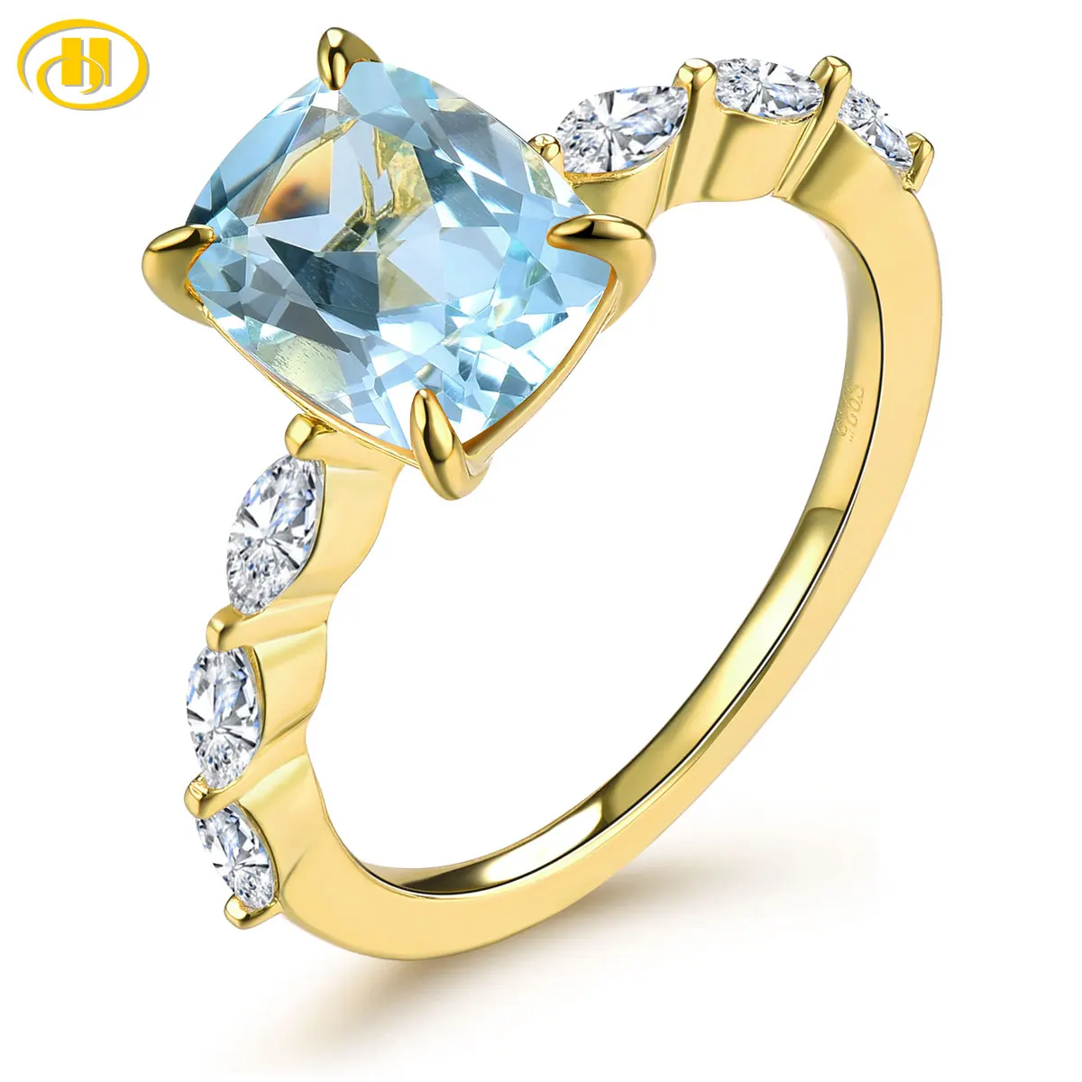 

Natural Sky Blue Topaz Sterling Silver Ring Yellow Gold Plated 1.8 Carats Genuine Gemstone Classic Elegant S925 Birthday Gifts