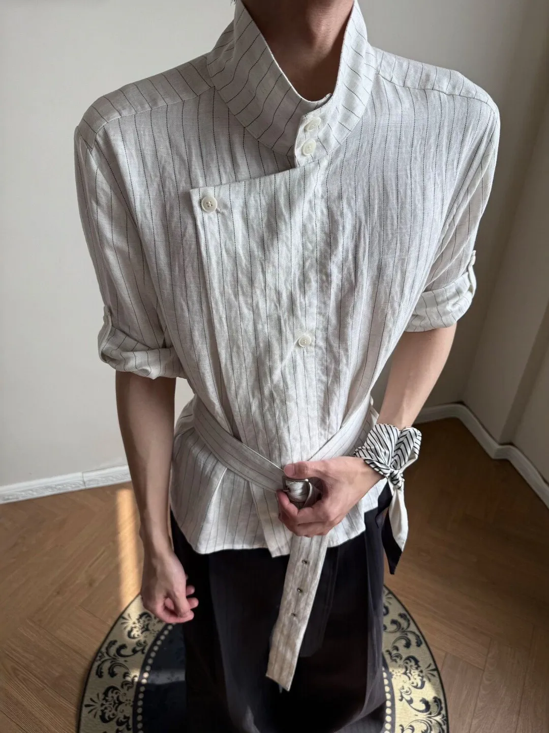 Linen Short Sleeve Shirt Men's Women's Collar Design Summer Breathable Sun Protection Outerwear Striped Casual Style Shirt