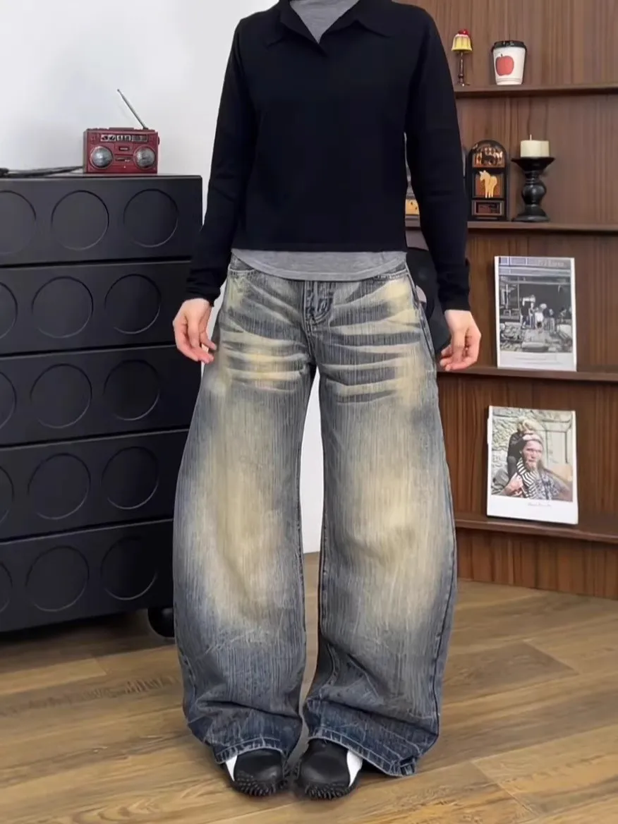 

Large Size American Retro Washed Knife Jeans Women Loose Wide Leg Casual Trousers High Waist Denim Pants