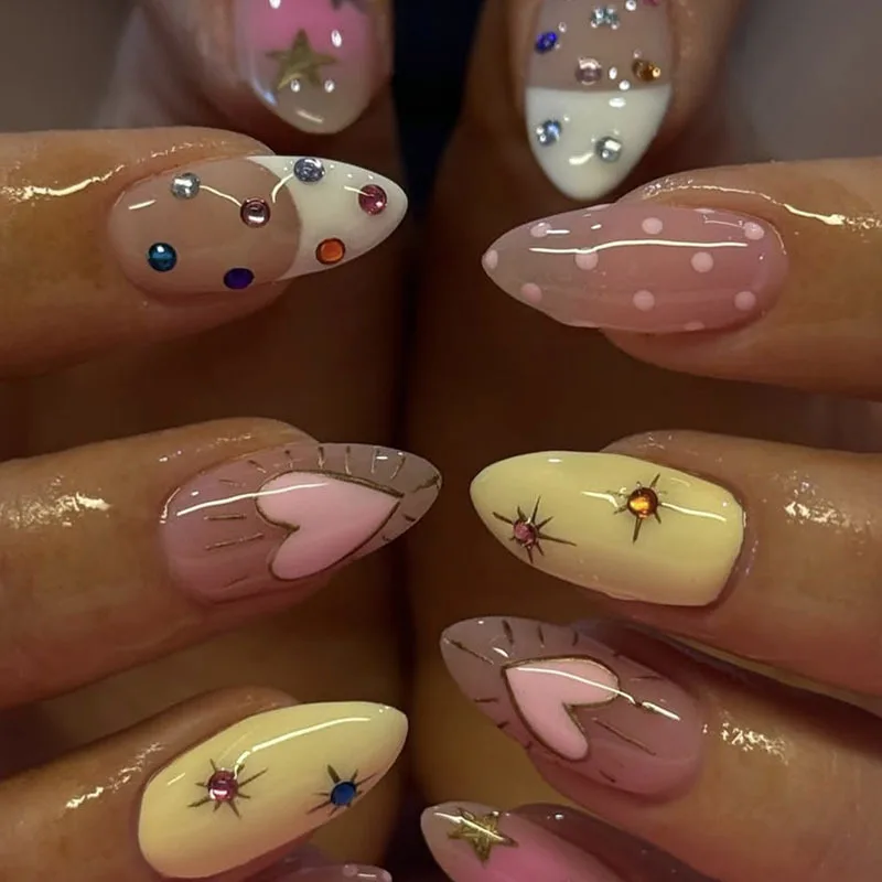 

24pcs Short Almond Fake Nail Tips Colorful Rhinestone Nails Set Press on French Polka Dot False Nails Art Star Manicure Finished