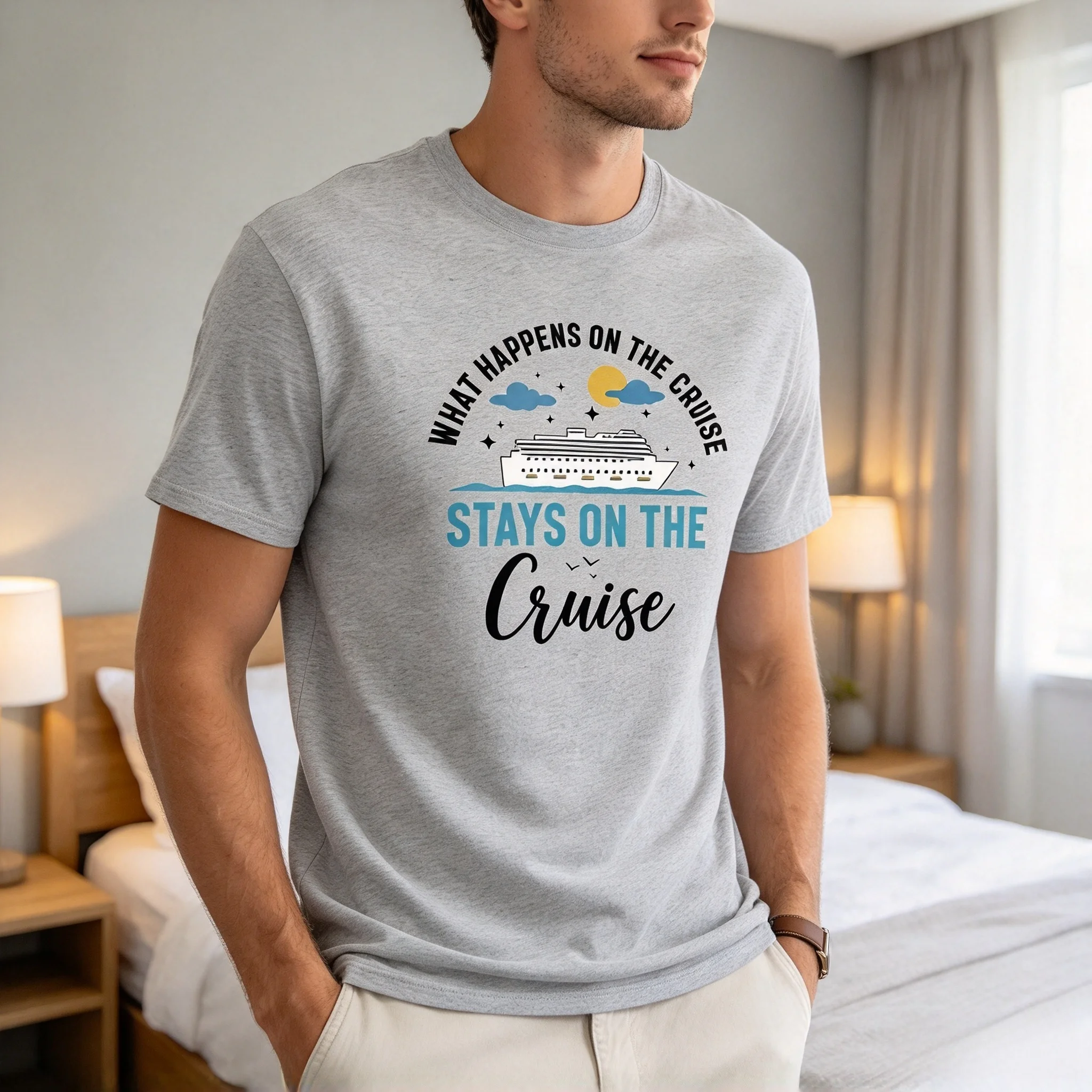 New and Interesting Cruise Ship Letter Pattern Printed Loose Cotton Short-sleeved Round-neck Top for Both Men and Women