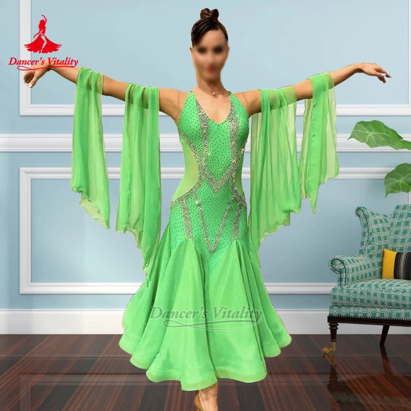 

Светло-зеленые сетчатые платья для бальных танцев для взрослых, женский вальс Фокстрот, профессиональная одежда, жизненность танцора