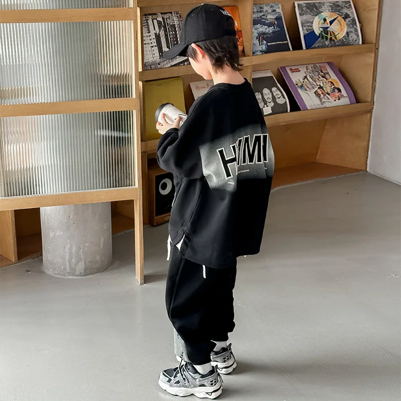 Spring Children Boy 2PCS Clothes Set Black Letter Print Pocket Sweatshrit+grandient Sports Pant Outfit 4-12Y Boy Match Tracksuit