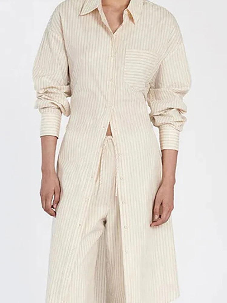 

Stripe Printed Loose Commuting 2pc Set Spring Autumn Casual Long Sleeved Shirt Suit Women's Fashion Street Wear Straight Outfit