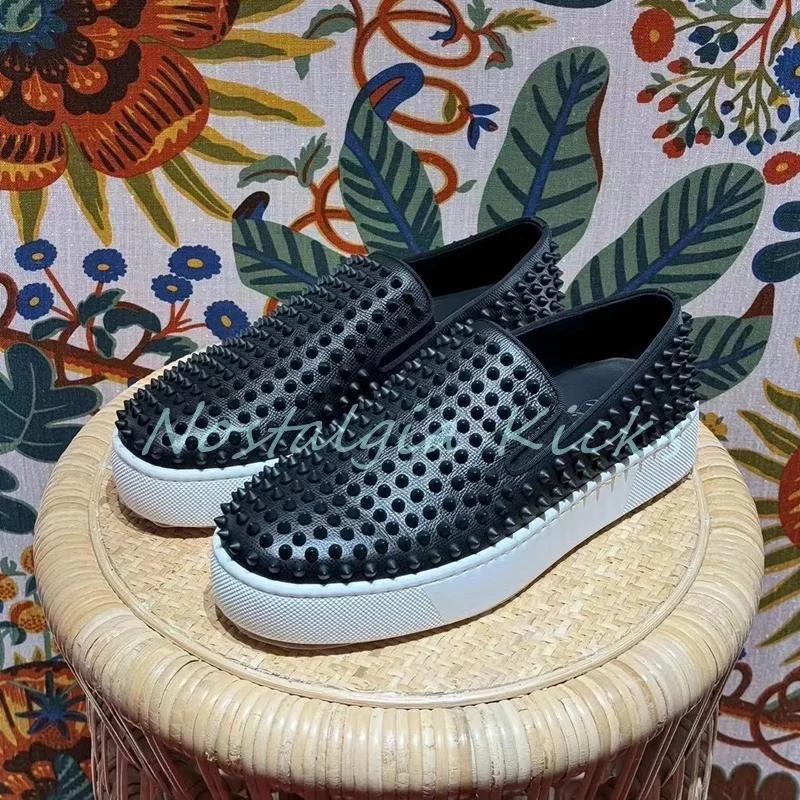 Summer Black Flat Cow Leather Spiked Loafers Slip On Anti-Slip Men's Casual Shoes Trendy Full Rivet Comfortable Sneakers