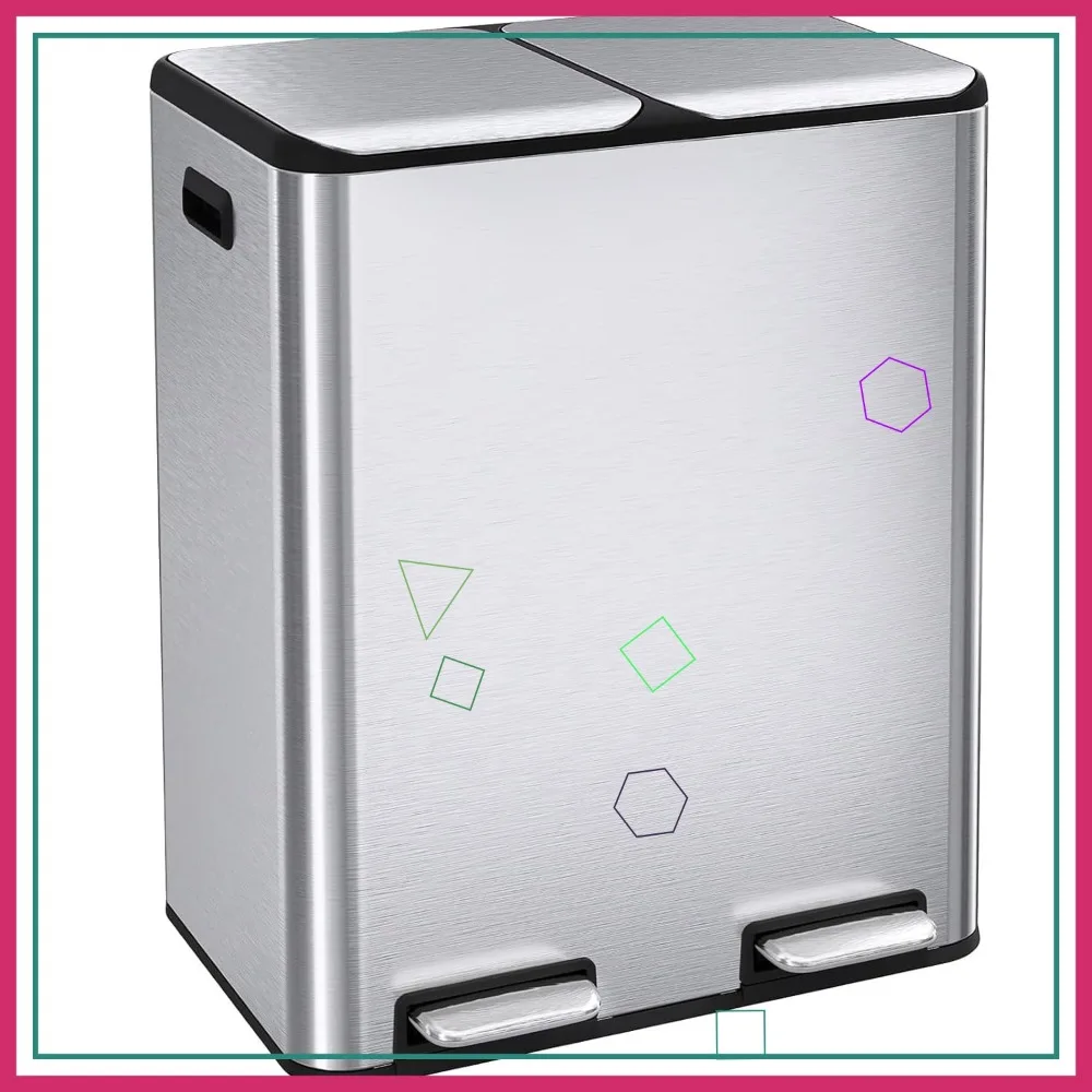 

16 Gal (2 x 30 L) Dual Trash Can, Stainless Steel Kitchen Garbage Bin with Odor Control, Soft-Close Lid, Step Pedal