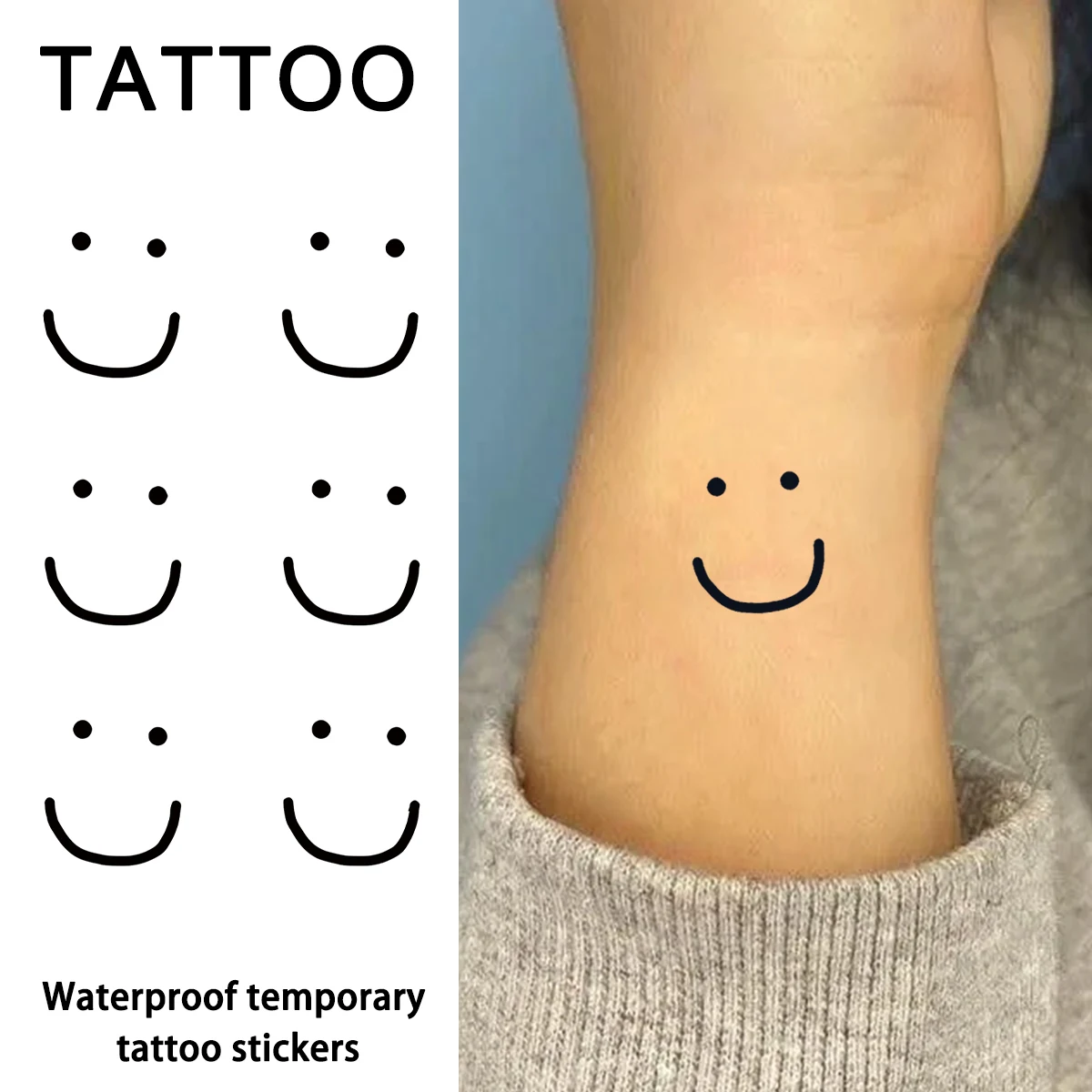 1Pc Smile Face Temporary Tattoo Sticker, Long-lasting and Waterproof, Realistic Fake Tattoos for Man and Women, For Arm, Leg.