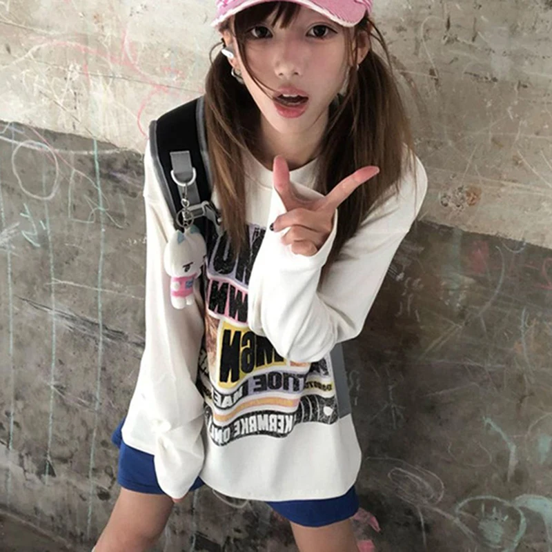 American Vintage Subculture Tee Donna Lettera Stampa Allentata O Collo T Shirt Harajuku Y2K Casual Pigro Stile Preppy Primavera Autunno Top