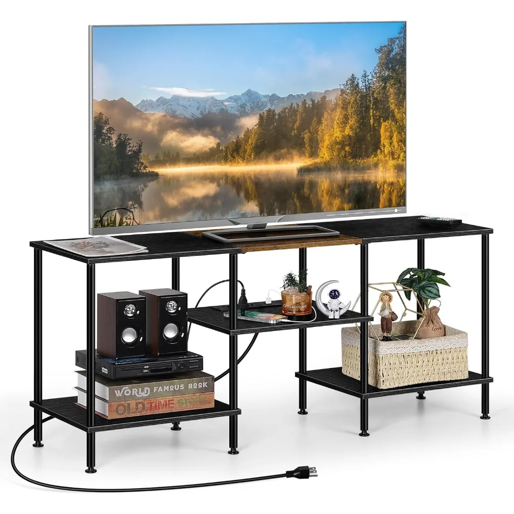

Black Bedroom TV Stand with Power Outlets up to 50 inch TV, Small Entertainment Center Stand with Storage Modern Media TV