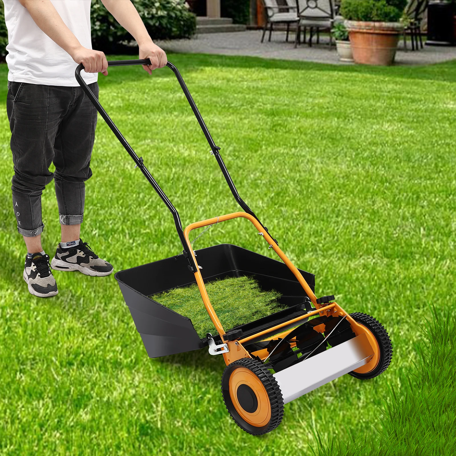 16 Inch Hand Push Lawn Mower, Manual Wheeled Lawn Mower with 2-in-1 Grass Catching Function, Adjustable Cutting Height 0.47-1.65in for Backyard Garden
