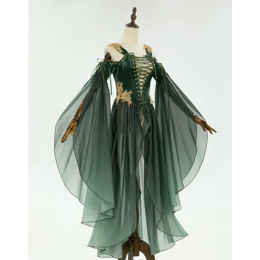 DAIZBELLA-fantasia de cosplay estilo elfo para mulheres, renascimento medieval feminino, único vestido verde com mangas, Halloween