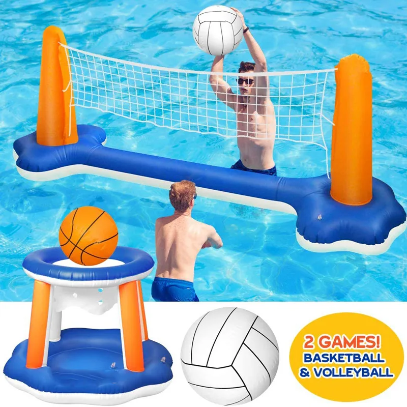 Inflatable Pool Float Set Volleyball Net & Basketball Hoops Water Sport Toys