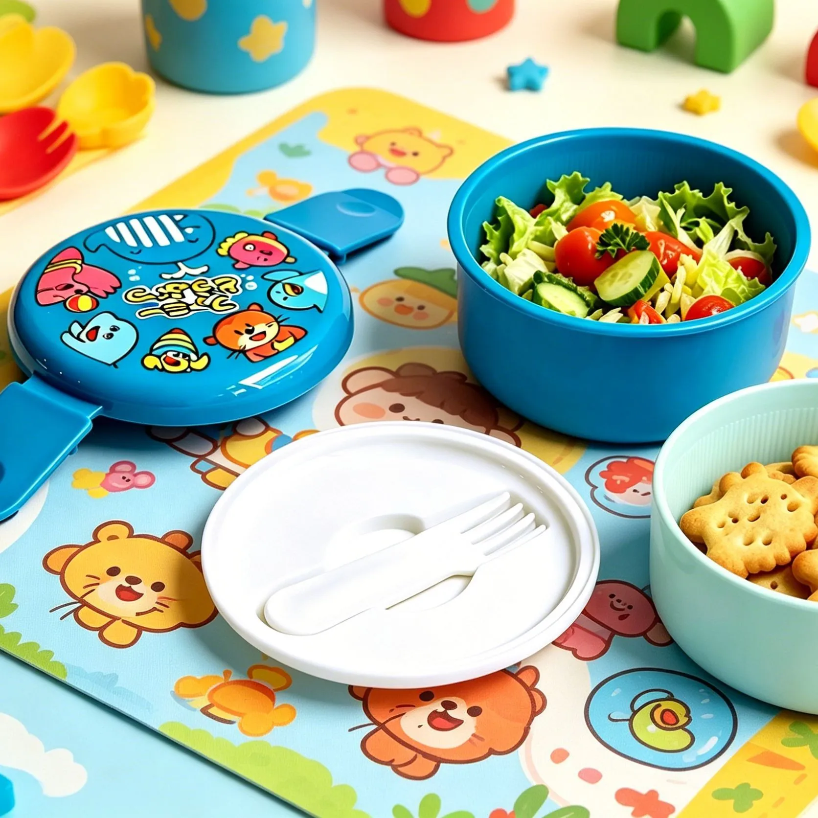 Mini Animal Lunch Box Japanese Double-layer Round Cute Bento Box Children's Fruit Box Snack Box Microwave Kids Lunch Box 540ml