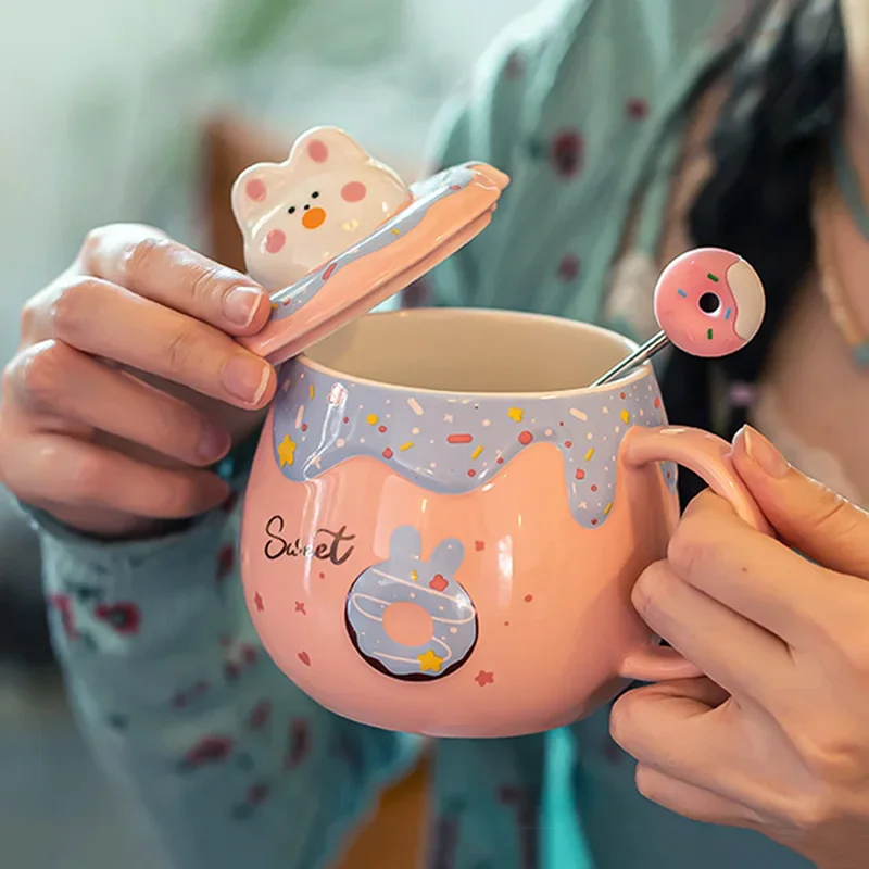 Cute Donut Ceramic Mug With Lid Spoon Pink Girl Office Student Coffee Mugs For Couple Large Capacity Milk Tea Drinking Water Cup