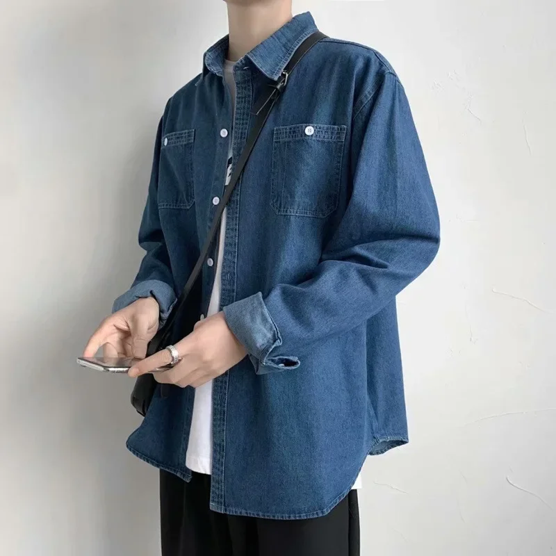 

EBAIHUI Solid Color Denim Shirt Korean Version Men's Thin Loose Jacket Spring Summer Vintage Oversized Style Blouses Cardigan