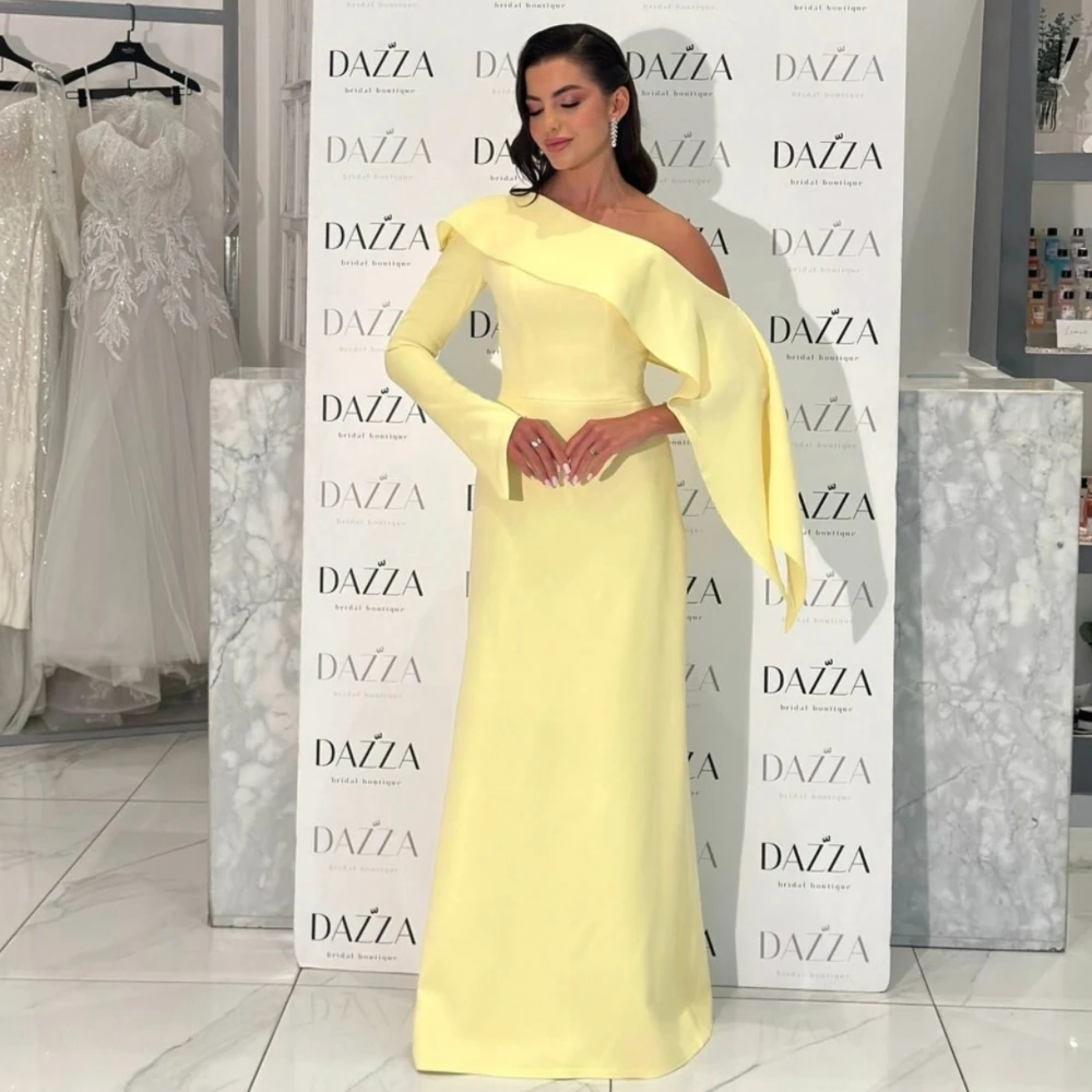 

Yellow One Shoulder Prom Dress for Woman Evening Dress Floor Length Long Sleeves Strapless Customized Saudi Arabia Wedding Dress