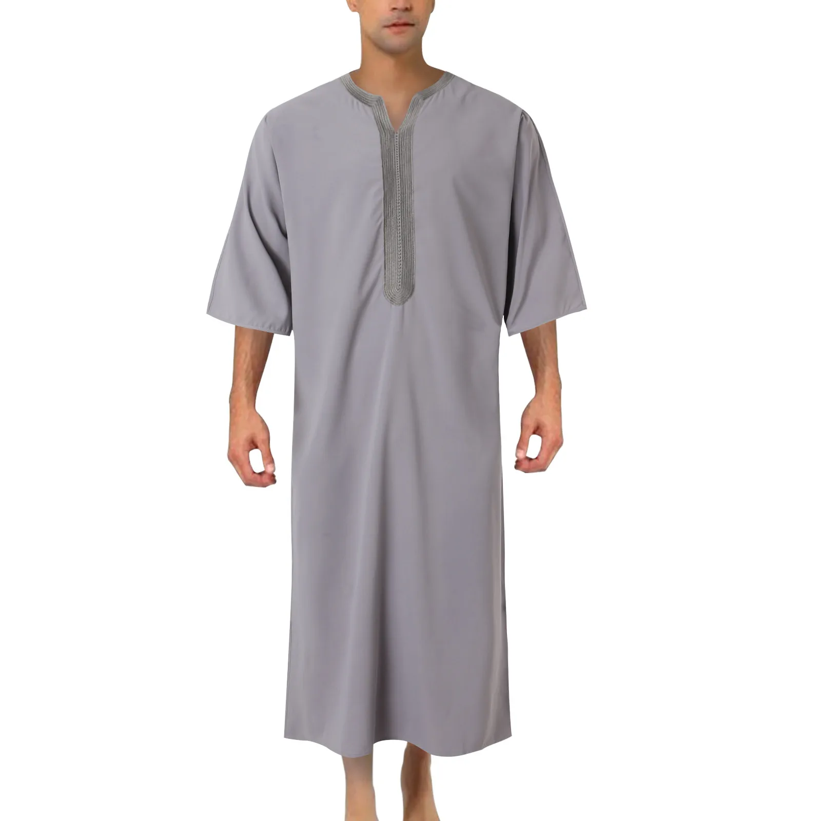 Robe muçulmano solto casual masculino, túnica de manga curta, costura de cor sólida masculina, pescoço de uma linha, negócio, moda, verão