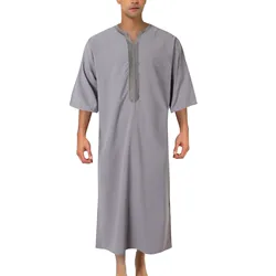 Mens  Casual Loose Muslim Robe Summer Fashion Short Sleeved Robe Male Solid Color Stitching One Line Neck Business Muslim Robe