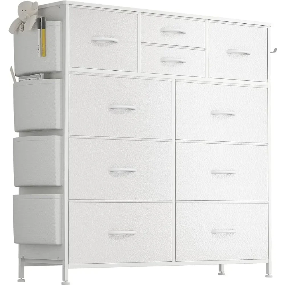 Bedroom Chest of Drawers with Side Pockets and Hooks, Sturdy Steel-framed Vanity, PU Storage Dresses