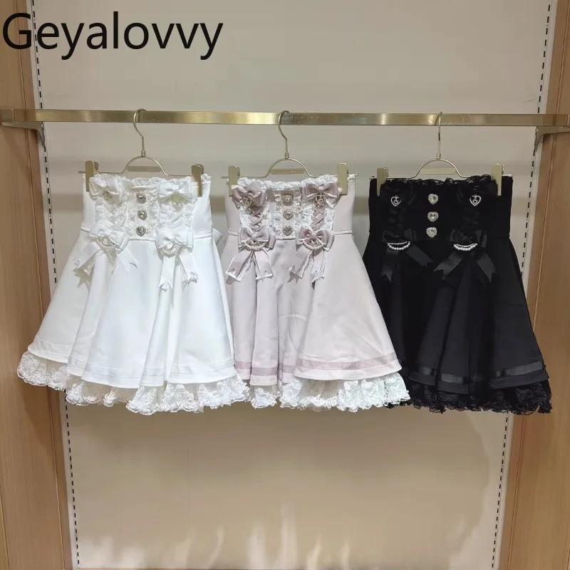 

Liz Japanese Summer Autumn New Sweet and Cute Girls High Waist Slimming Mini Skirt Kawaii Lace Bow Short A- Line Skirts
