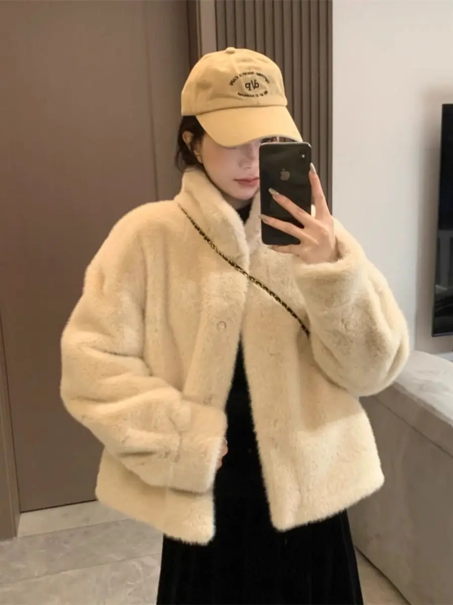 Young Sle Faux Fur Jaet Stand Collar Cotton Coat Women's Outerwear Polyester Fiber Long Sve Zipper Closure  Color